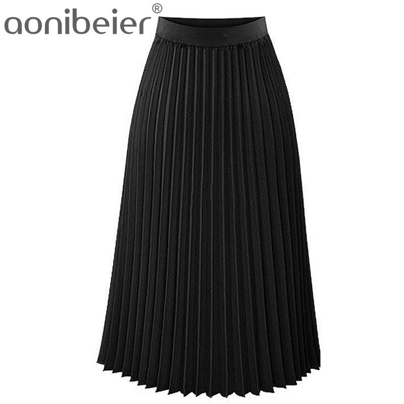 High Waist Pleated Solid Color Length Elastic Skirt