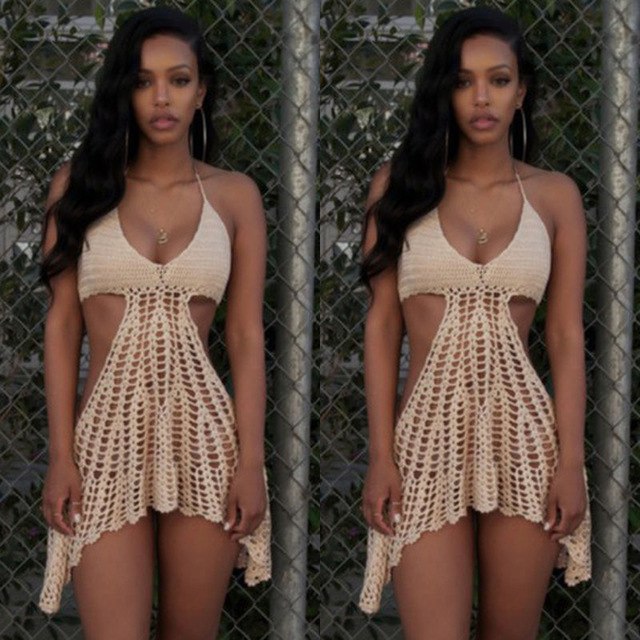 V-neck Bikini Beachwear Cover Up Hollow Crochet Swim Suit