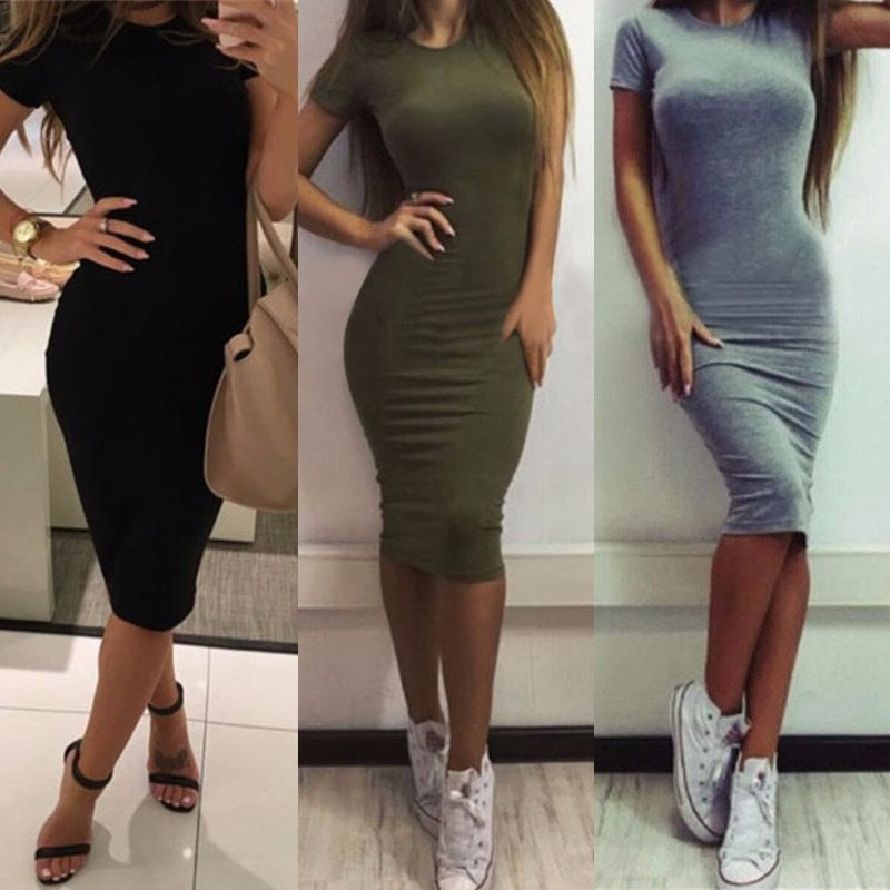 Slim Bodycon Dress Tunic Crew Neck Casual Pencil Dress