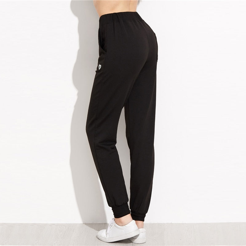 ROMWE Black Heart Print Drawstring Waist Pants