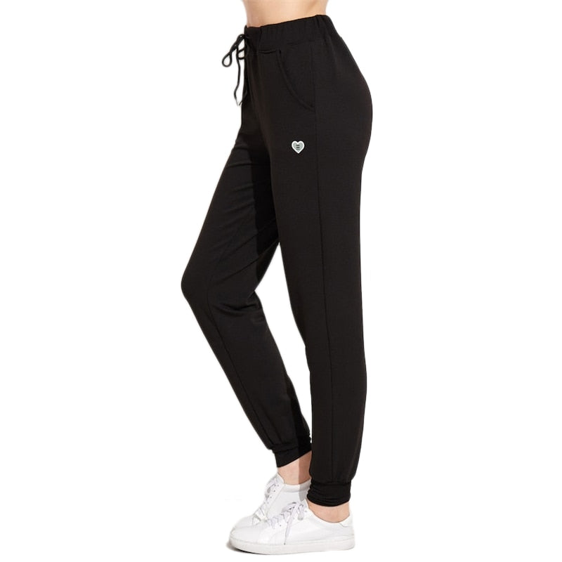 ROMWE Black Heart Print Drawstring Waist Pants