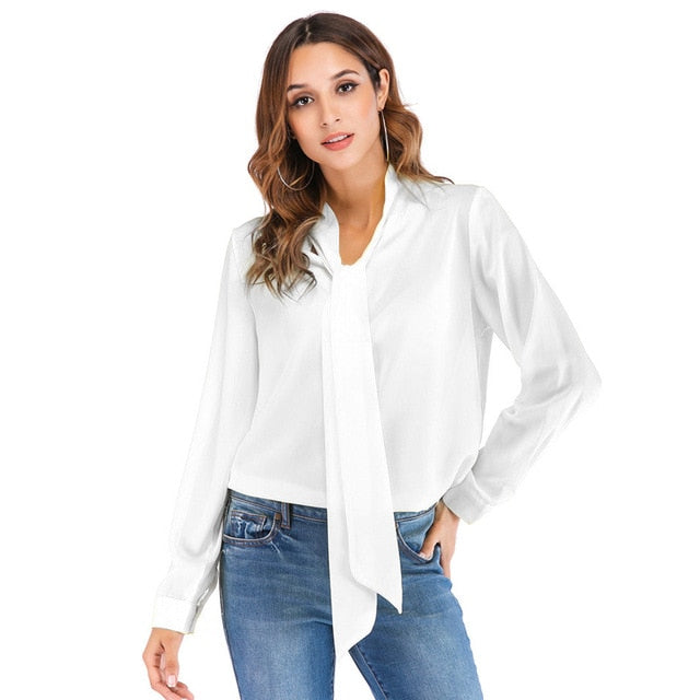 Lace Up V Neck Long Sleeve Chiffon Blouse