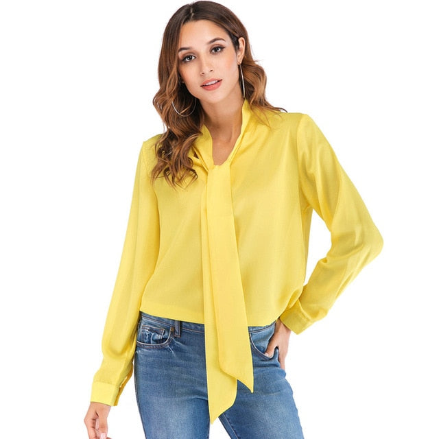 Lace Up V Neck Long Sleeve Chiffon Blouse