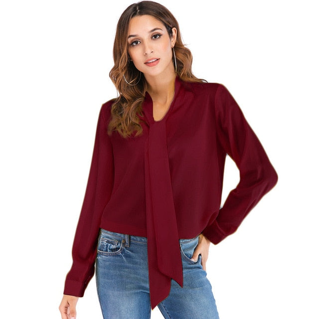 Lace Up V Neck Long Sleeve Chiffon Blouse