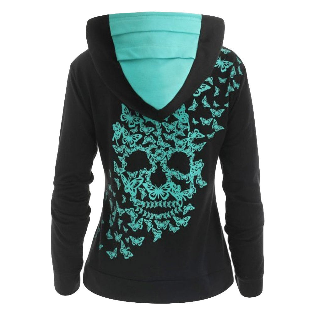 Womens Fashion Butterfly Skull Print  Hoodie  Sweatshirt
