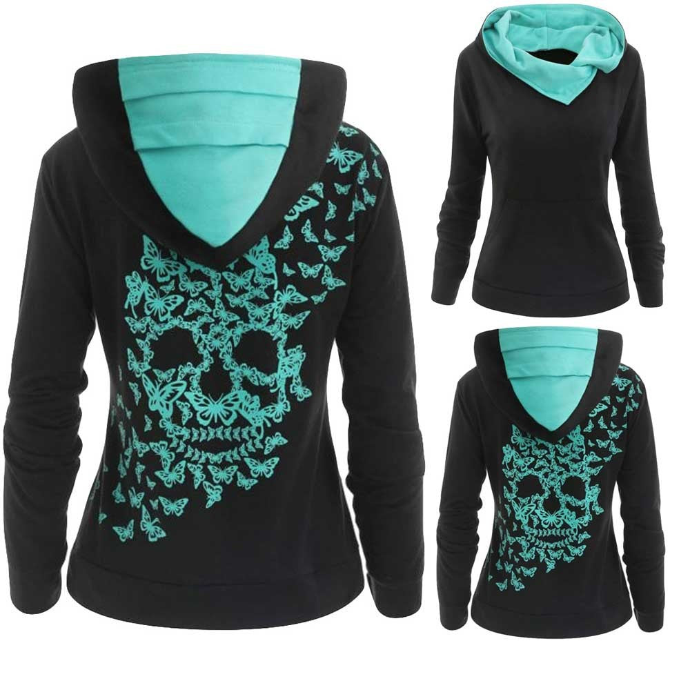 Womens Fashion Butterfly Skull Print  Hoodie  Sweatshirt
