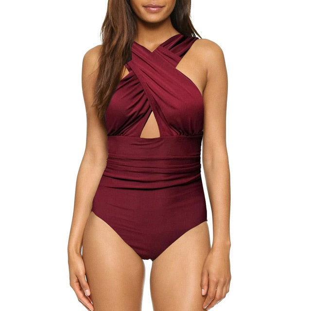 Black Red Cross Halter women swimwear one piece