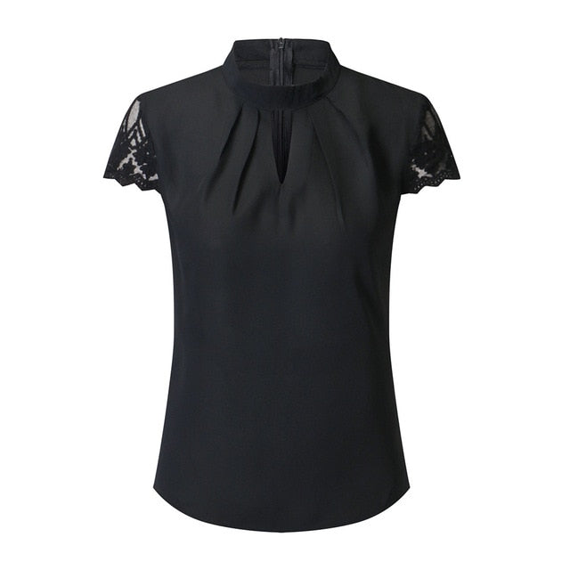Hollow Chiffon Short Sleeve Splice Lace Tops Blouse