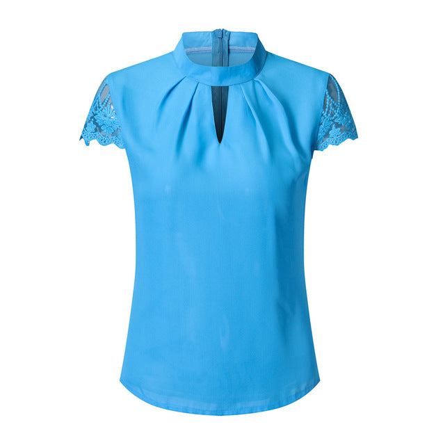 Hollow Chiffon Short Sleeve Splice Lace Tops Blouse