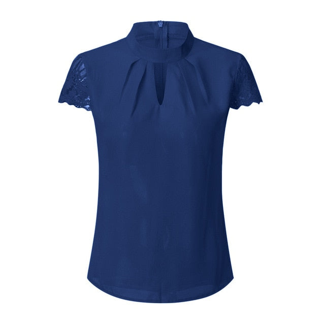 Hollow Chiffon Short Sleeve Splice Lace Tops Blouse