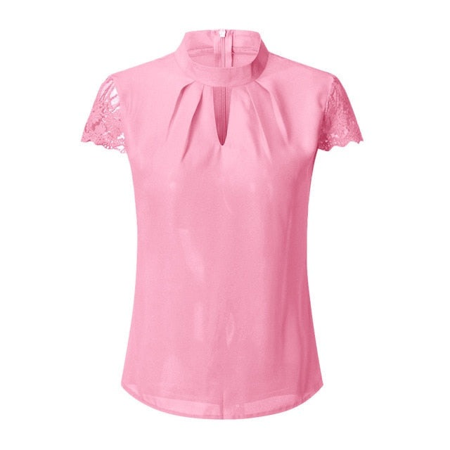 Hollow Chiffon Short Sleeve Splice Lace Tops Blouse