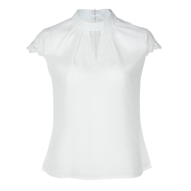 Hollow Chiffon Short Sleeve Splice Lace Tops Blouse