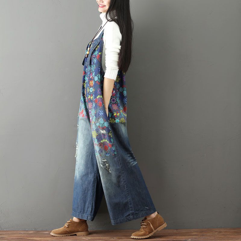 Vintage Washed Floral Printed  Wide Leg Bib Blue Denim Overalls Jean Jumpsuits