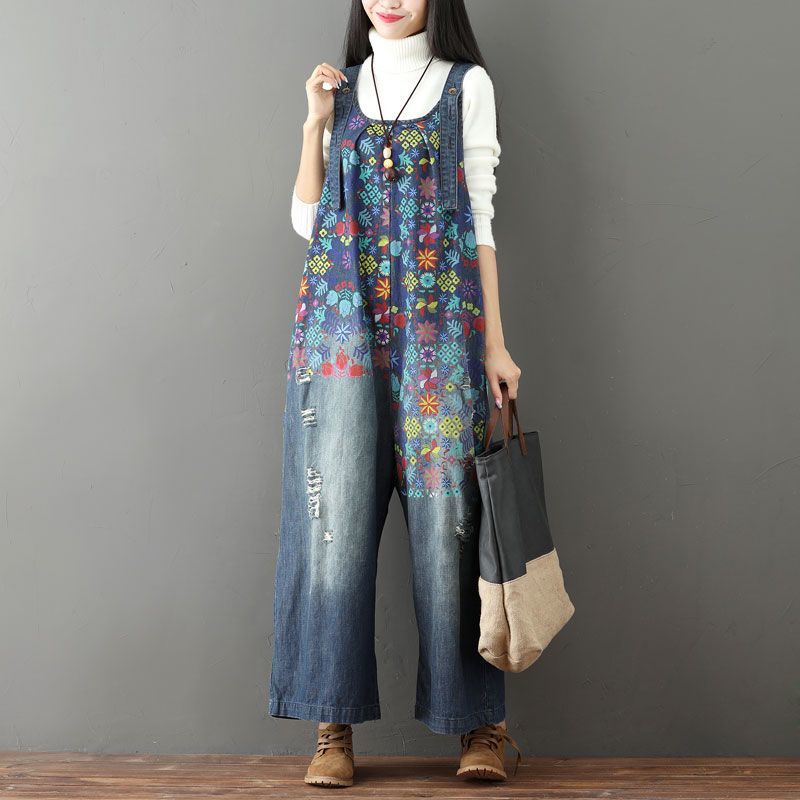 Vintage Washed Floral Printed  Wide Leg Bib Blue Denim Overalls Jean Jumpsuits