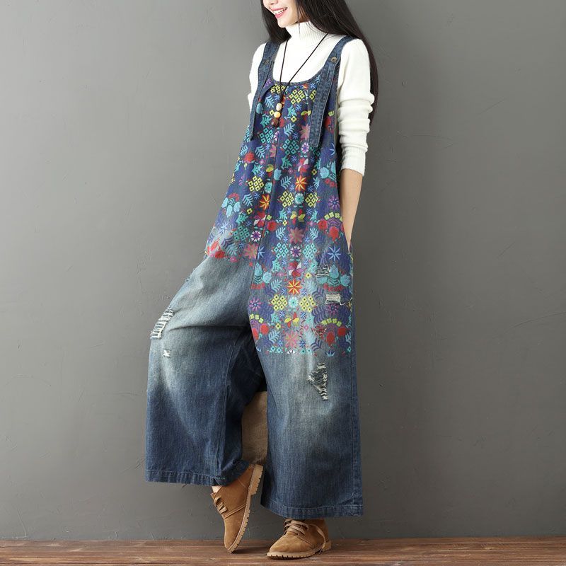 Vintage Washed Floral Printed  Wide Leg Bib Blue Denim Overalls Jean Jumpsuits