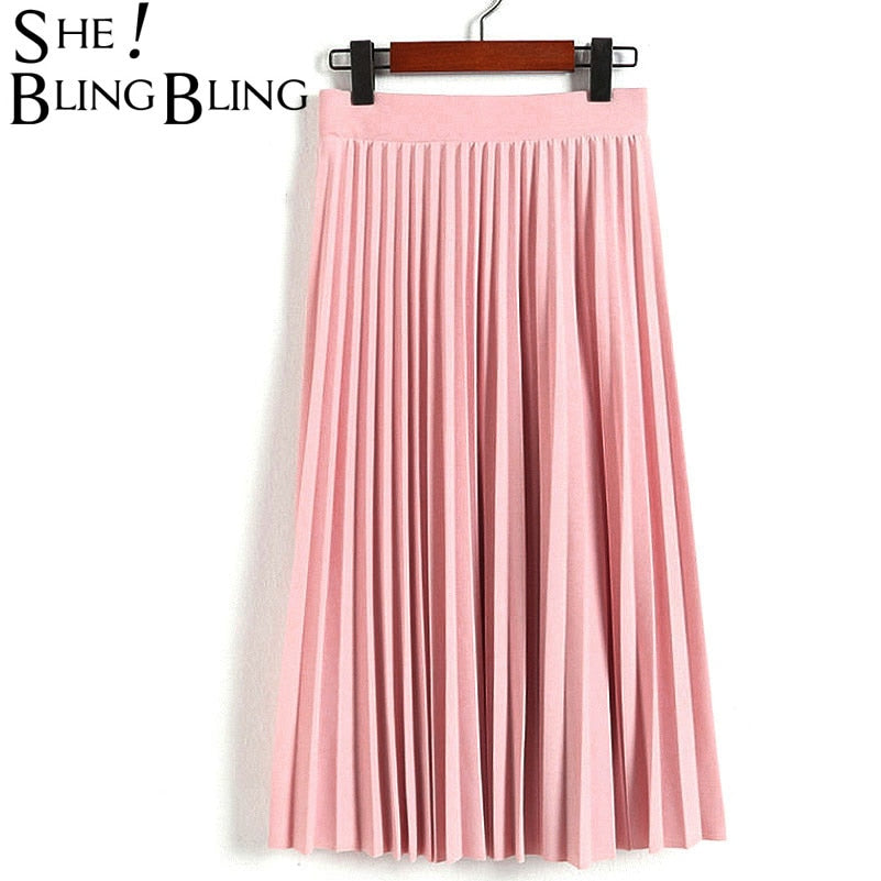 High Waist Pleated Solid Color Half Length Elastic Skirt