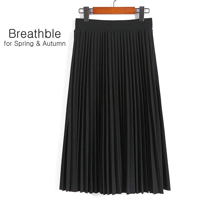High Waist Pleated Solid Color Half Length Elastic Skirt