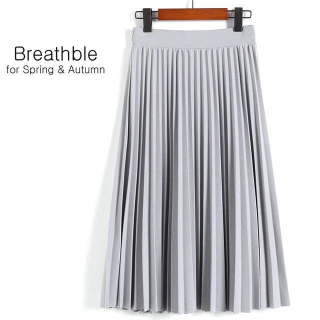 High Waist Pleated Solid Color Half Length Elastic Skirt
