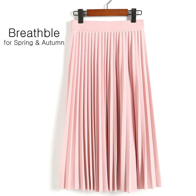 High Waist Pleated Solid Color Half Length Elastic Skirt