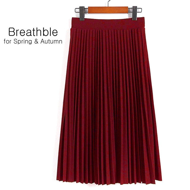 High Waist Pleated Solid Color Half Length Elastic Skirt
