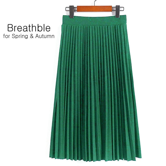 High Waist Pleated Solid Color Half Length Elastic Skirt
