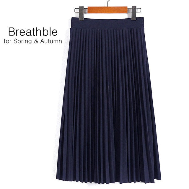 High Waist Pleated Solid Color Half Length Elastic Skirt