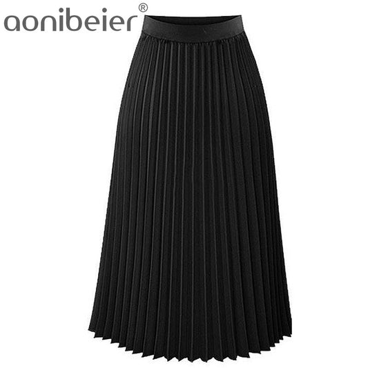 High Waist Pleated Solid Color Length Elastic Skirt