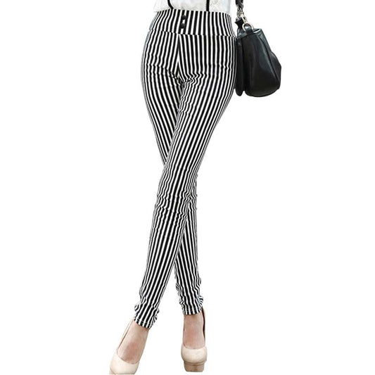 MOBTRS Striped Elastic High Waist Pants