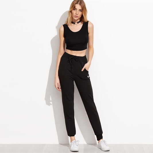 ROMWE Black Heart Print Drawstring Waist Pants