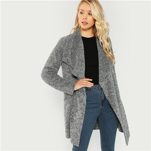 Lady Elegant Waterfall Collar Solid Knee Length Teddy Coat