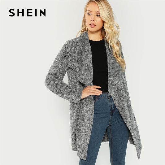 Lady Elegant Waterfall Collar Solid Knee Length Teddy Coat
