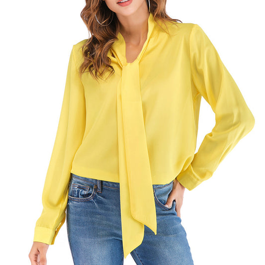 Lace Up V Neck Long Sleeve Chiffon Blouse