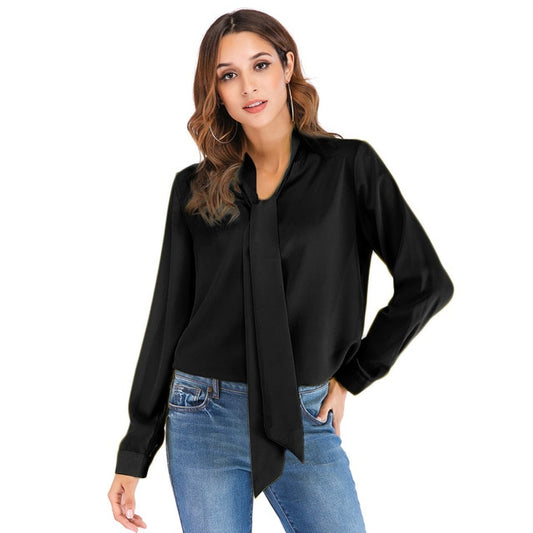 Lace Up V Neck Long Sleeve Chiffon Blouse