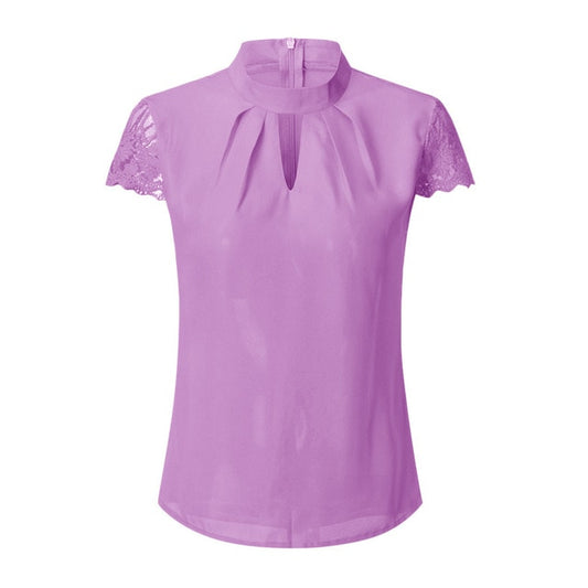 Hollow Chiffon Short Sleeve Splice Lace Tops Blouse