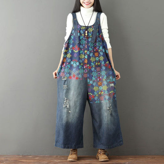 Vintage Washed Floral Printed  Wide Leg Bib Blue Denim Overalls Jean Jumpsuits