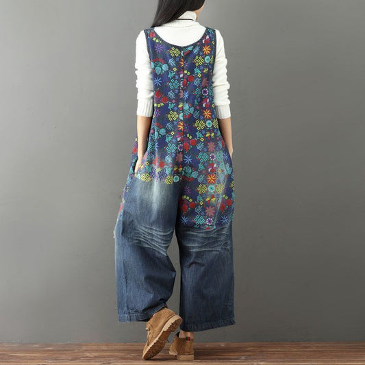 Vintage Washed Floral Printed  Wide Leg Bib Blue Denim Overalls Jean Jumpsuits