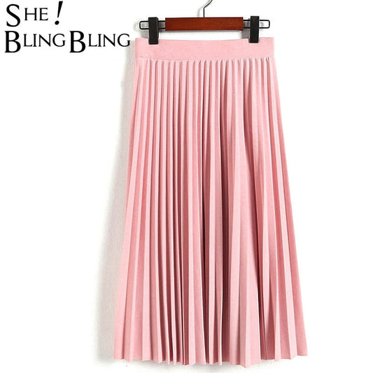 High Waist Pleated Solid Color Half Length Elastic Skirt